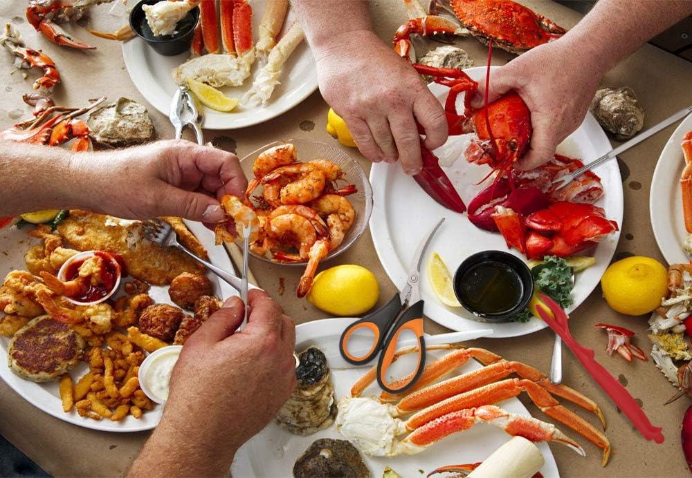 4-Person Seafood Tools Set includes 2 Crab Crackers, 4 Lobster Shellers, 4 Crab Leg Forks/Picks and 1 Seafood V1258-DP02-B-111