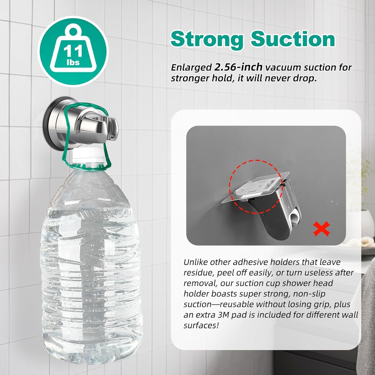 Vacuum Suction Cup Shower Head Holder, Removable Shower Wand Bracket, Adjustable Height & Wall Mount ABS V1258-DP02-B-1166