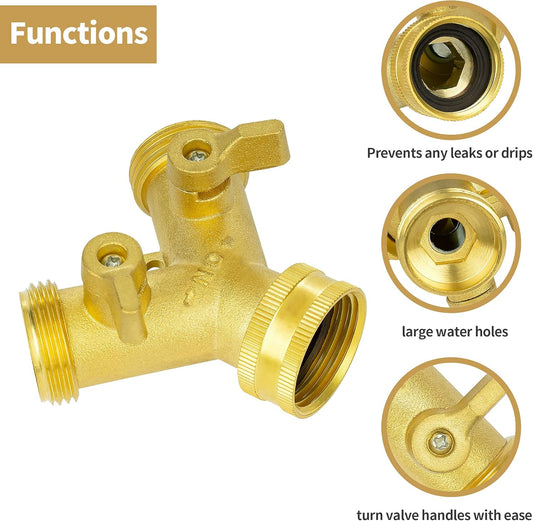 Hose Splitter 2 Way, Garden Hose Splitter, 100% Rustproof Brass Water Hose Splitter with Adjustable Flow V1258-DP02-B-1278