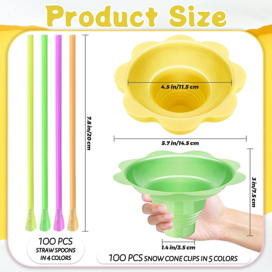 200 Pcs Colorful Snow Cone Cups with Spoon Straws,Flower Shaped Ice Cream Cup,Plastic Cone Snacks Cups for V1258-DP02-B-1289