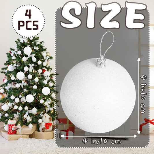 Large 4 in White Glitter Christmas Ornament Balls(4 Pcs),Xmas Sequin Christmas Ball,White Sparkly Hanging V1258-DP02-B-1294