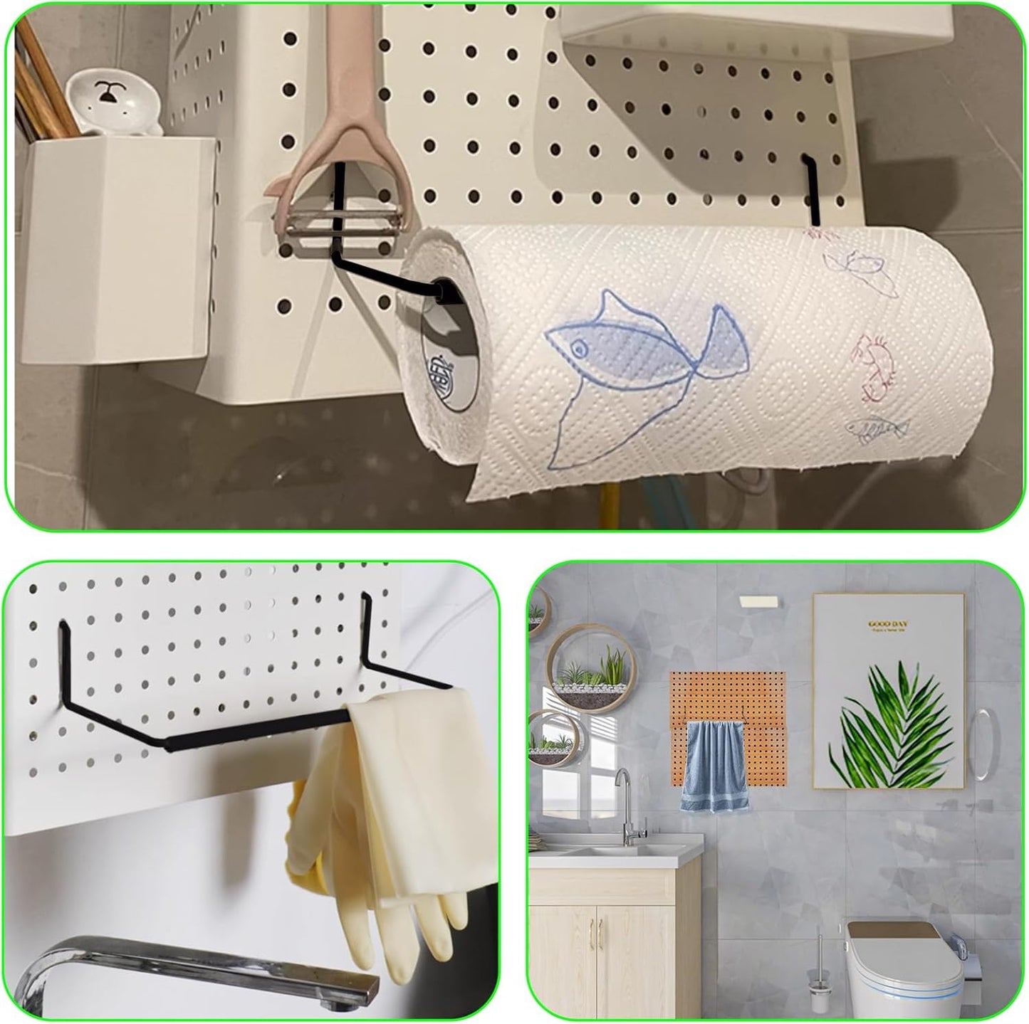 2 Pack Pegboard Towel Holder Pegboard Hooks for Paper Towels, Kitchen Towels, Stickers, Tapes Great Peg Board V1258-DP02-B-1317