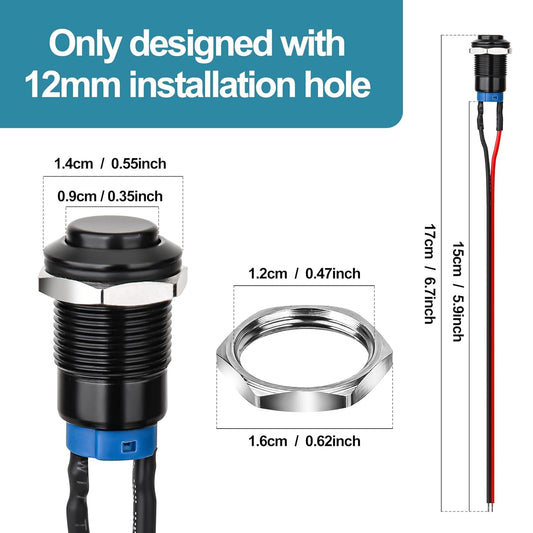 12mm Latching Push Button Switch - Raised Head, Normally Open ON - Off, with Pre - soldered Cable, Aluminium V1258-DP02-B-1346