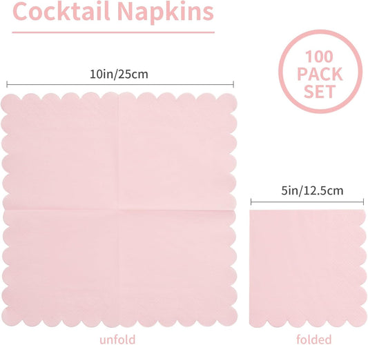 100 Pack Cocktail Napkin 2-Ply Scalloped Edged Dessert Napkins Folded 5 x 5 Inches Disposable Napkins for V1258-DP02-B-1384