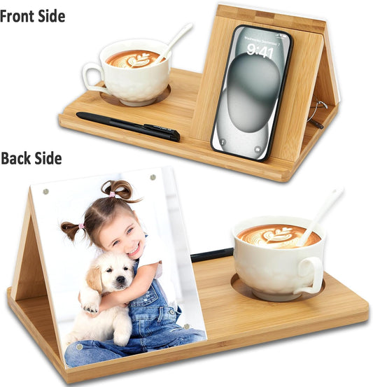 Bamboo Book Holder, Triangle Book Holder Stand with Acrylic Picture Frame, Book Rest with Cup Holder, Tablet V1258-DP02-B-1412