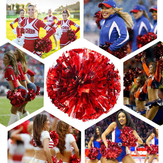 Petluno 4 Pack (2 Pair) Metallic Foil Cheerleader Pom Poms & Plastic Ring Cheer with Baton Handle V1258-DP02-B-1433