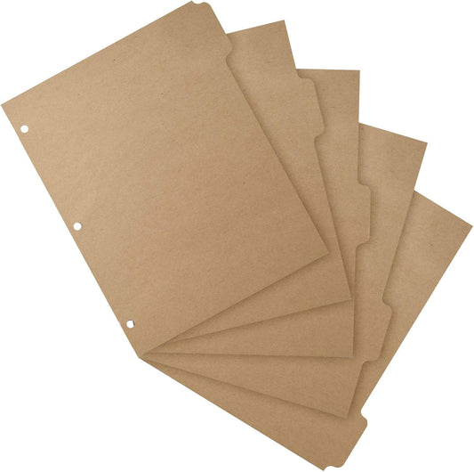 3 Ring Binder Dividers with 5-Tabs for Letter Size, 1/5 Cut, 3-Hole Punched, Blank Kraft Paper Index Dividers V1258-DP02-B-1500