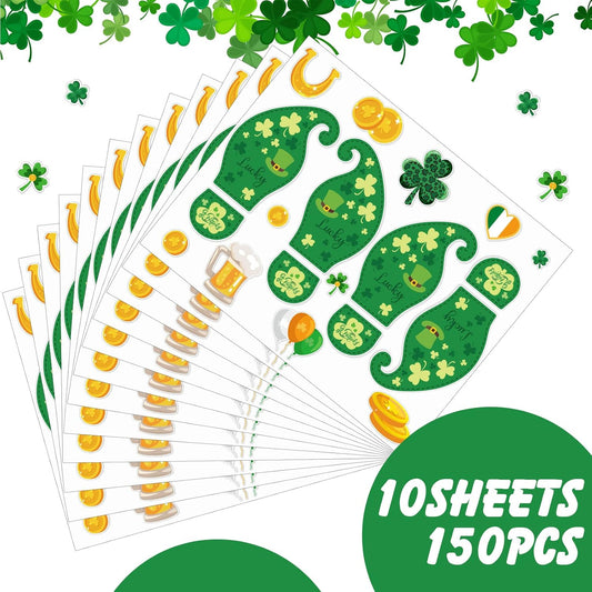 10 Sheets 150 Pcs Leprechaun Footprints Floor Decals Stickers St. Patrick's Day Decorations Shamrock Self V1258-DP02-B-1534