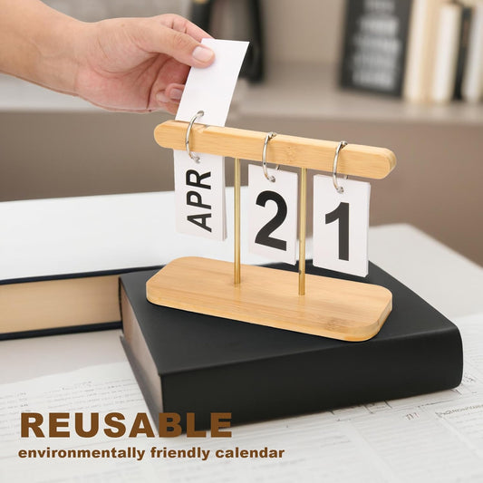 Perpetual Daily Flip Calendar for Desk, Vintage Wood Perpetual Calendar With Large Display, Reusable Desktop V1258-DP02-B-1541