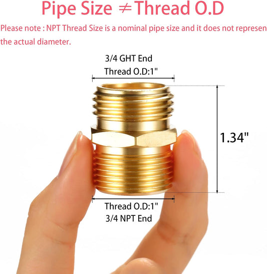 2 Pack 3/4" GHT to 3/4" NPT Male Connector, Brass Garden Hose Fitting, Male Hose Adapter V1258-DP02-B-155