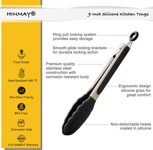 Serving Tongs 9-Inch Cooking Tongs with Silicone Tips, Set of 3 (Black) V1258-DP02-B-1559