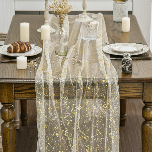 Beige Gold Gauze Table Runner 120 Inch 10FT, Glitter llic Foil Sheer Dining Wedding Anniversary Holiday V1258-DP02-B-1570
