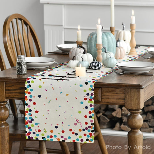 Polka Dot Beige Happy Birthday Table Runner, Seasonal Kitchen Dining Table Decoration for Home Party Decor V1258-DP02-B-1571