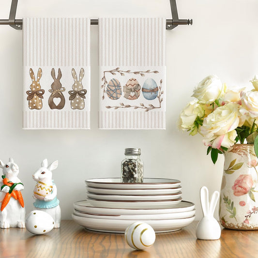 Stripe Rabbit Bunny Eggs Easter Kitchen Towels Dish Towels, 18x26 Inch Spring Decoration Hand Towels Set of 2 V1258-DP02-B-1572