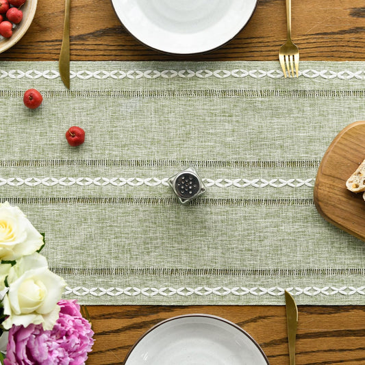 Sage Green Rustic Cotton Linen Table Runner, Seasonal Embroidered Hollow Kitchen Dining Table Decoration for V1258-DP02-B-1575