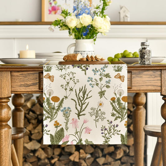 Wildflowers Floral Spring Table Runner, Seasonal Summer Butterfly Kitchen Dining Table Decoration for Home V1258-DP02-B-1576
