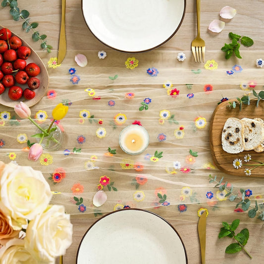 Champagne Embroidery Daisy Gauze Table Runner 120 Inch 10FT, Seasonal Sheer Kitchen Dining Holiday Wedding V1258-DP02-B-1578