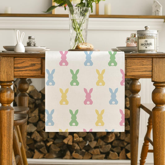 Green Pink Bunny Rabbit Easter Table Runner, Spring Kitchen Dining Table Decoration for Home Party Decor V1258-DP02-B-1583