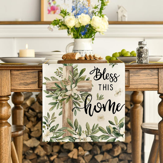 Cross Olive Leaves Spring Table Runner,Seasonal Summer Easter Kitchen Dining Table Decoration for Home Party V1258-DP02-B-1588