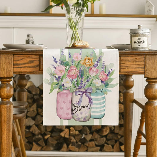 Vase Bloom Tulip Lavender Summer Table Runner, Seasonal Spring Kitchen Dining Table Decoration for Home Party V1258-DP02-B-1590