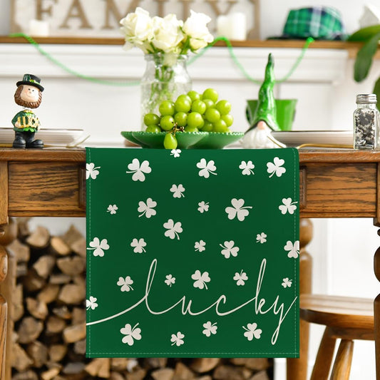 Green Lucky Shamrock St. Patrick's Day Table Runner, Seasonal Spring Holiday Kitchen Dining Table Decoration V1258-DP02-B-1593