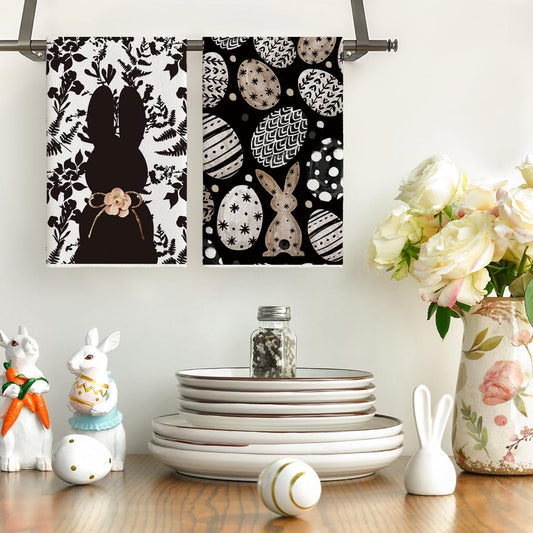 Black Bunny Eggs Flower Easter Kitchen Towels Dish Towels, 18x26 Inch Spring Farmhouse Leaves Decoration Hand V1258-DP02-B-1597