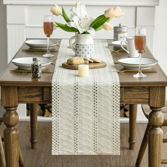 Beige Farmhouse Woven Rustic Hollow Table Runner, Seasonal Holiday Hollow Kitchen Dining Table Decoration for V1258-DP02-B-1599