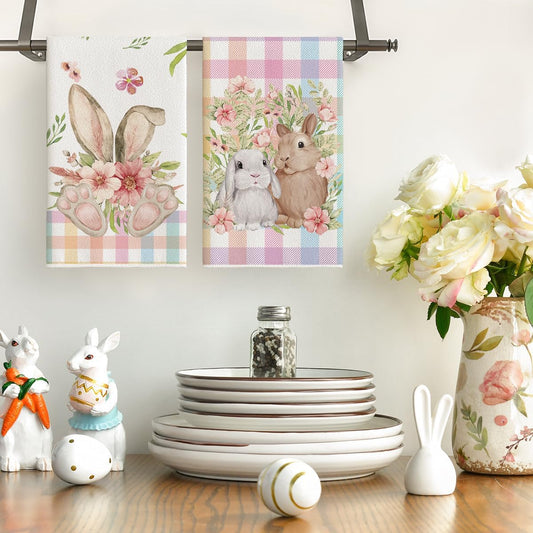 Colorful Buffalo Plaid Bunny Rabbit Flower Easter Kitchen Towels Dish Towels, 18x26 Inch Seasonal Decoration V1258-DP02-B-1601