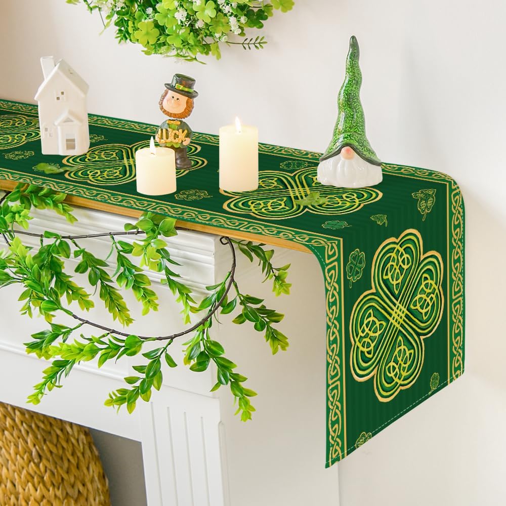 Green Stripes Shamrocks 210 GSM St.Patrick's Day Table Runner, Seasonal Spring Kitchen Dining Table Runner V1258-DP02-B-1606