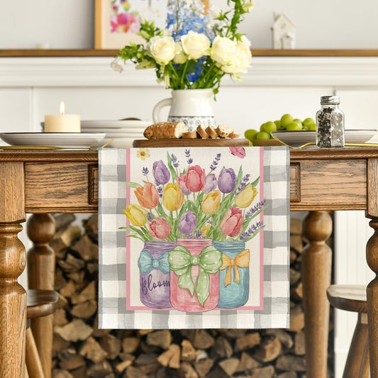 Buffalo Plaid Vase Lavender Tulip Spring Table Runner, Seasonal Kitchen Dining Table Decoration for Home V1258-DP02-B-1608