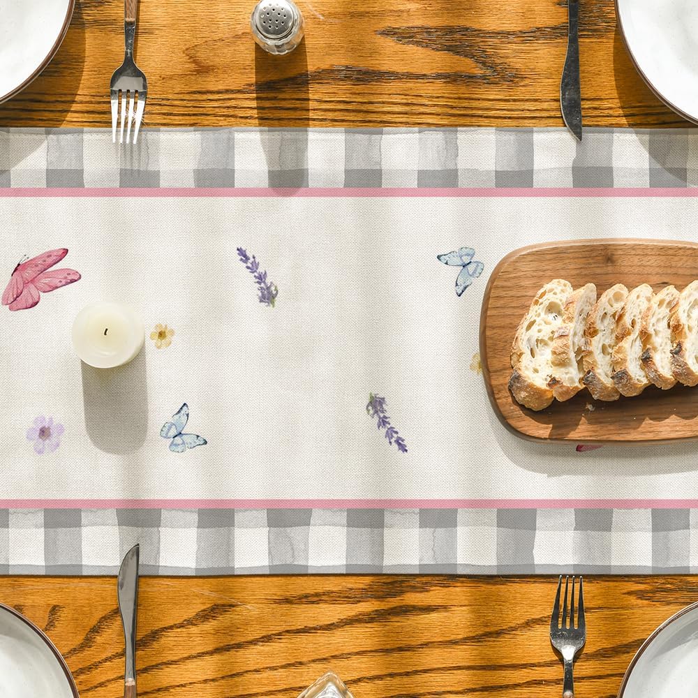 Buffalo Plaid Vase Lavender Tulip Spring Table Runner, Seasonal Kitchen Dining Table Decoration for Home V1258-DP02-B-1608