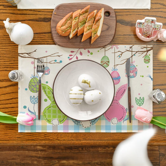Buffalo Plaid Bunny Egg Carrot Easter Placemats Set of 4, 12x18 Inch Seasonal Spring Table Mats for Party V1258-DP02-B-1609