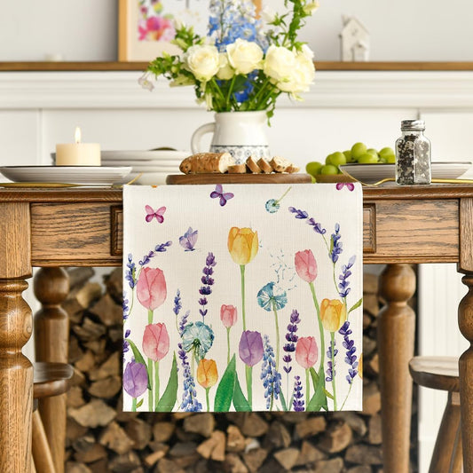 Lavender Tulip Summer Table Runner, Spring Seasonal Anniversary Holiday Kitchen Dining Table Decoration for V1258-DP02-B-1612