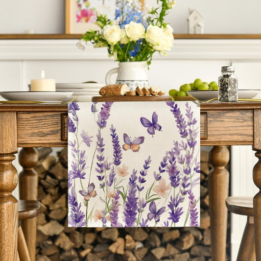 Purple Lavender Floral Butterflies Spring Table Runner, Seasonal Summer Kitchen Dining Table Decoration for V1258-DP02-B-1613