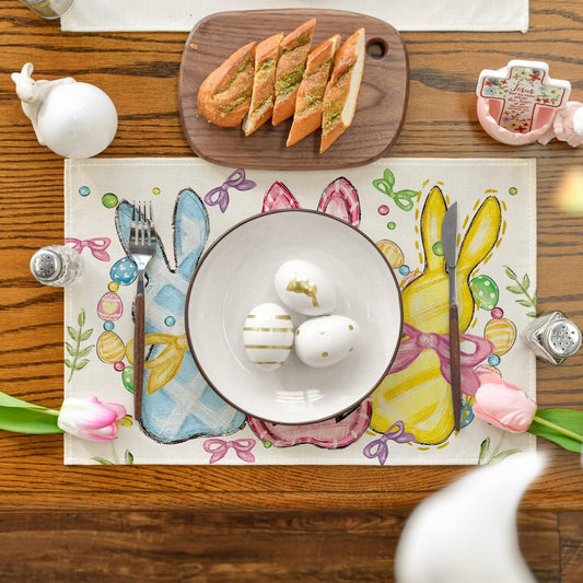 Bunny Rabbits Eggs Easter Placemats Set of 4, 12x18 Inch Floral Bow Seasonal Spring Holiday Table Mats for V1258-DP02-B-1616