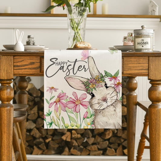 Daisy Bunny Rabbit Easter Table Runner, Seasonal Spring Kitchen Dining Table Decoration for Home Party Decor V1258-DP02-B-1619