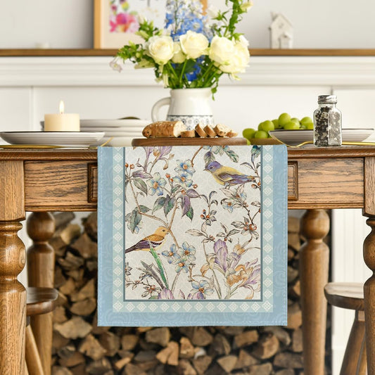 Blue Birds Flowers Blossom Table Runner, Seasonal Spring Floral Kitchen Dining Table Decoration for Home V1258-DP02-B-1626