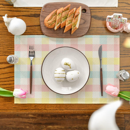 Blue Pink Yellow Buffalo Plaid Placemats Set of 4, 12x18 Inch Seasonal Easter Table Mats for Party Kitchen V1258-DP02-B-1630