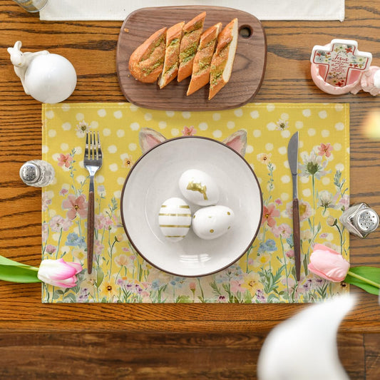 Yellow Bunny Polka Dot Easter Placemats Set of 4, 12x18 Inch Flower Seasonal Spring Holiday Table Mats for V1258-DP02-B-1631