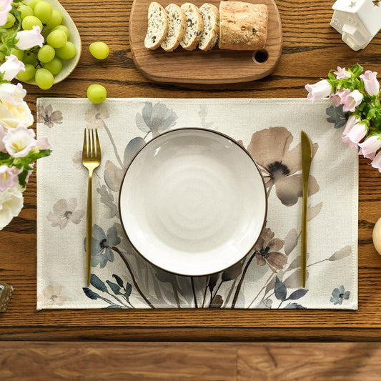 Brown Poppy Floral Leaves Fall Placemats Set of 4, 12x18 Inch Seasonal Spring Table Mats for Party Kitchen V1258-DP02-B-1632