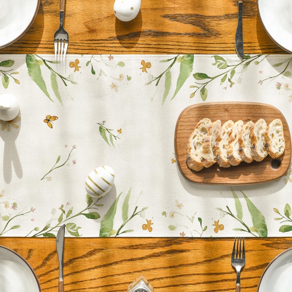 Bunny Rabbit Butterfly Eggs Flowers Easter Table Runner, Seasonal Spring Kitchen Dining Table Decoration for V1258-DP02-B-1633