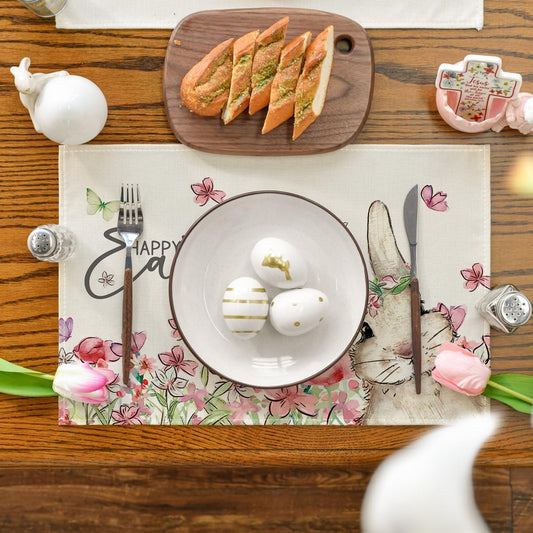 Floral Bunny Rabbit Easter Placemats Set of 4, 12x18 Inch Seasonal Spring Table Mats for Party Kitchen Dining V1258-DP02-B-1639