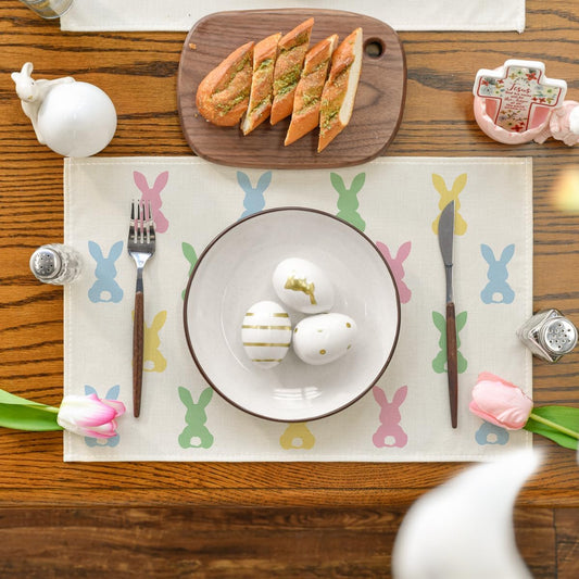 Colorful Bunny Rabbit Easter Placemats Set of 4, 12x18 Inch Seasonal Table Mats for Party Kitchen Dining V1258-DP02-B-1642