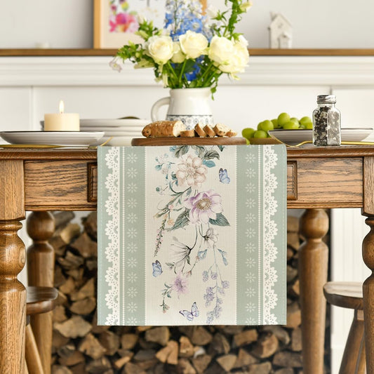 Green Printed Lace Floral 210 GSM Spring Table Runner, Seasonal Summer Kitchen Dining Table Decoration for V1258-DP02-B-1647