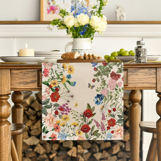 Plants Floral Butterfly Valentine's Day Table Runner, Anniversary Wedding Kitchen Dining Table Decoration for V1258-DP02-B-1652