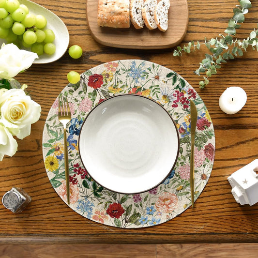 Vintage Floral Spring Round Placemats Set of 4, 14 Inch Seasonal Holiday Round Table Mats for Party Kitchen V1258-DP02-B-1653