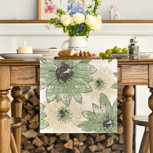 Green Retro Daisy Spring Table Runner, Seasonal Vintage Kitchen Dining Table Decoration for Home Party Decor V1258-DP02-B-1655