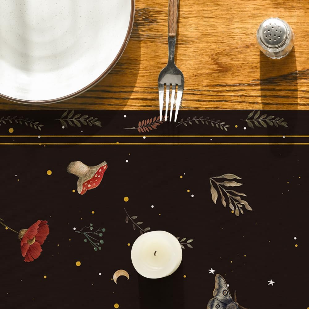 Poppy Moth Mushroom Moon Fall Table Runner, Seasonal Autumn Kitchen Dining Table Decoration for Home Party V1258-DP02-B-1657