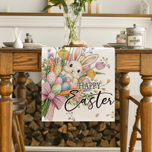 Bow Bunny Eggs Happy Easter Table Runner,Seasonal Spring Flowers Carrots Kitchen Dining Table Decoration for V1258-DP02-B-1664