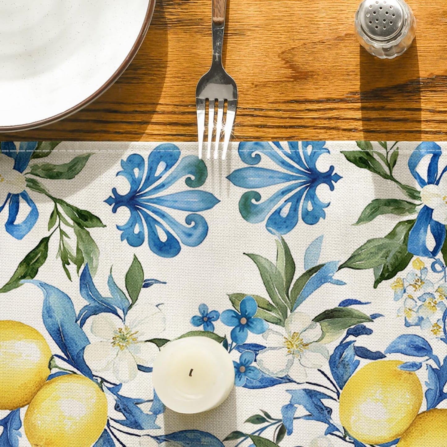Blue Lemon Iris Summer Table Runner, Seasonal Spring Kitchen Dining Table Decor for Home Party Decor 13x72 V1258-DP02-B-1665
